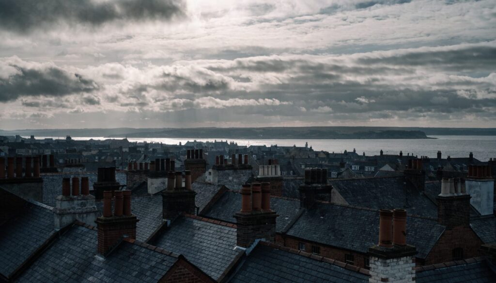 Slate rooftops and chimney stacks of a coastal city looking out over a wide grey estuary under a windswept sky
