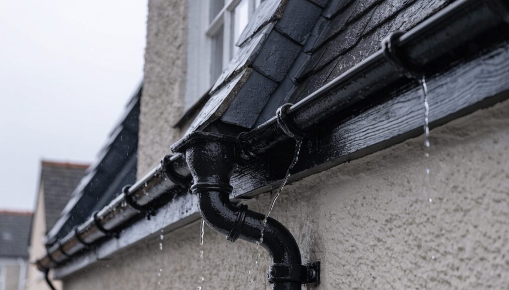 Black cast iron style guttering and downpipe on a rendered house, running with rainwater