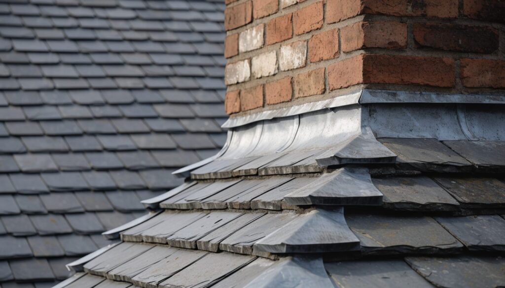 Lead flashing and slate courses meeting at a hip on an older roof