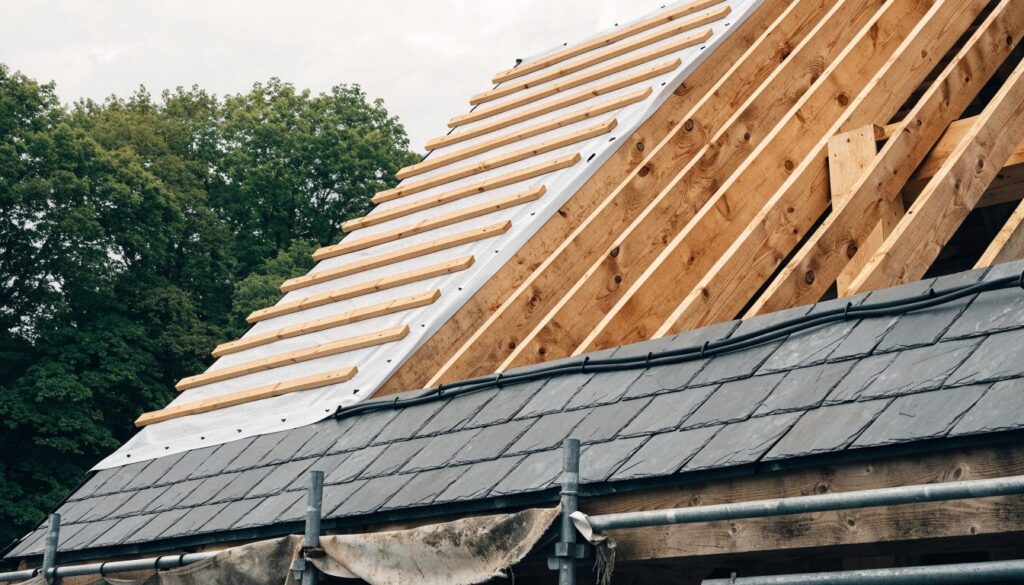 A pitched roof partway through recovering, showing rafters, underlay, new battens and slate courses