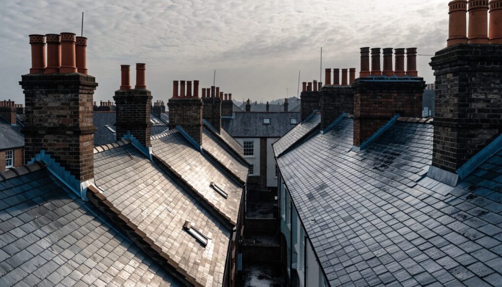 Slate-covered roofs and brick chimney stacks on a row of Victorian terraced houses